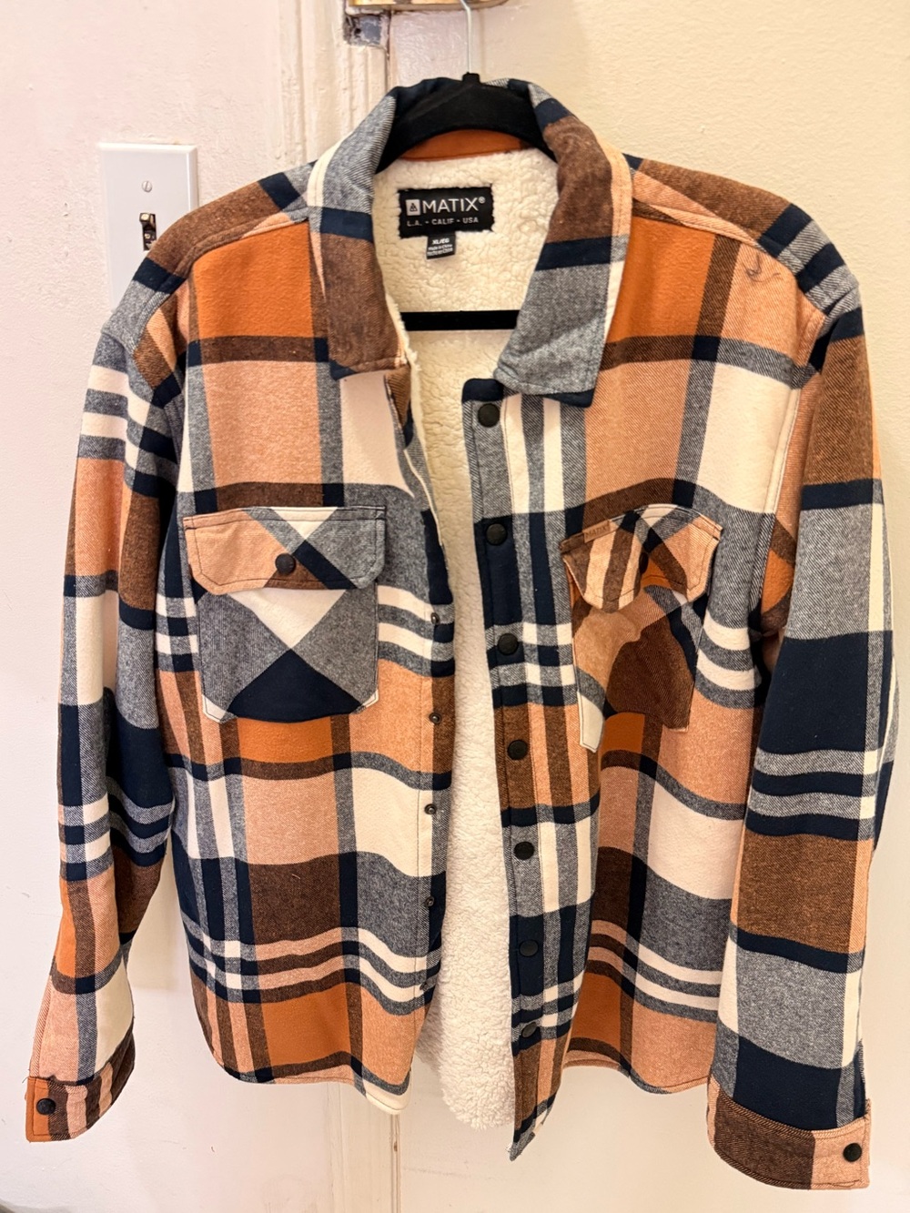 Matix Men's Sherpa-Lined Plaid Shacket in Orange, Navy & Cream